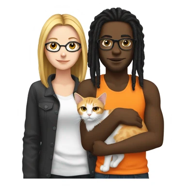 Black guy with dreads and glasses and a white girl with black hair holding an orange cat sticker
