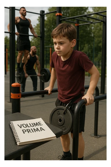 Atleta neofita giovane in un parco attrezzato per streetlifting, fisico ancora in fase iniziale. È intento a eseguire molte ripetizioni di esercizi a corpo libero con pesi leggeri (zavorra moderata), come trazioni e dip su parallele. Accanto a lui un taccuino di allenamento con la scritta 'Volume Prima'. L’atmosfera è luminosa e motivante, con altri atleti più muscolosi che sollevano carichi pesanti, ma lui è concentrato sul gesto tecnico e sulla costanza. Stile realistico, colori naturali, messaggio educativo su priorità all’adattamento progressivo e al volume. sticker