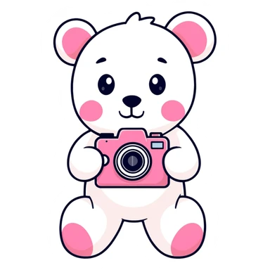 White Teddy bear with a pink camera sticker