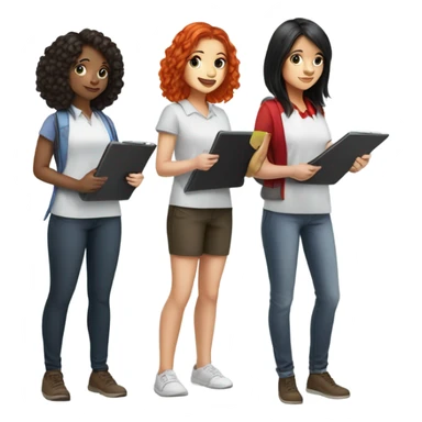 Girl with black hair, brunette girl, and bright red hair girl conducting surveys on clipboards and ipads sticker