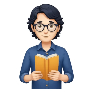 Man with longer wavy black hair, round glasses, dark blue buttoned shirt, holding program booklet for a play sticker