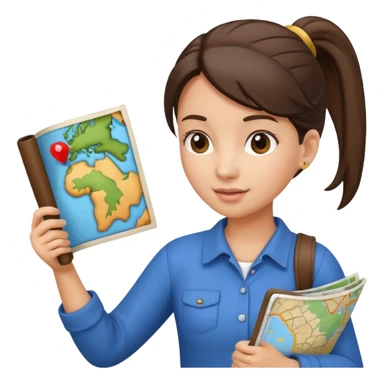 tourist brunette woman with ponytail holding map sticker