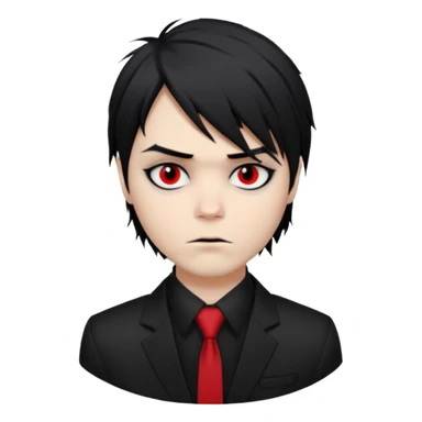 Gerard Way (Revenge Era)
Round, simplified emoji style
Pale skin tone
Jet-black, shoulder-length hair messy and emo
Heavy eyeliner and slight red shadow under the eyes
Subtle serious
Hint of red tie visible on black button up shirt.
Transparent background. Black eyeliner. Messy emo hair sticker