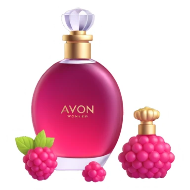 AVON women's perfume bottle next to a raspberry-shaped bottle sticker