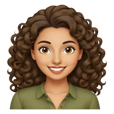 Mujer latina piel canela, mediana, cara redonda en forma de pera, cejas definidas, pelo muy largo rizado, peinado hacia atrás con bucles sueltos al frente. Sonrisa amplia, expresión alegre. Blusa verde olivo sticker