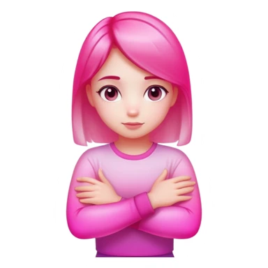Shy girl character with arms crossed, transparent glass style, bright pink gradient, soft shadows and highlights, minimalist cute design sticker