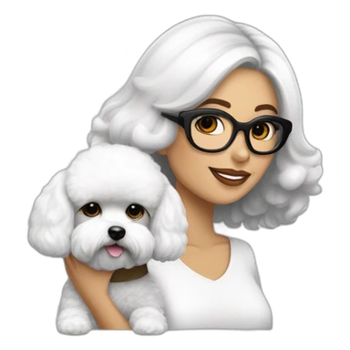 mujer piel blanca pelo largo negro gafas y perro bichon maltés blanco sticker