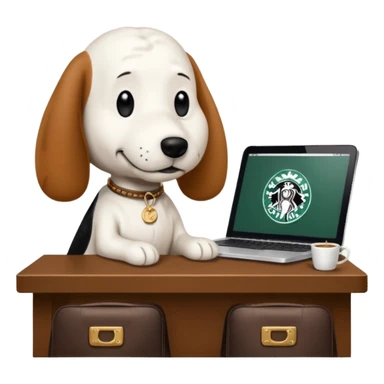 snoopy in a desk with starbucks and his chanel purse sticker