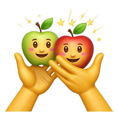 A 3D Apple-style emoji of two different cartoon hands clapping together in a fun "high five" gesture, only the hands are visible, surrounded by small motion lines and spark effects, radiating cheerful and playful energy, colorful and vibrant design sticker