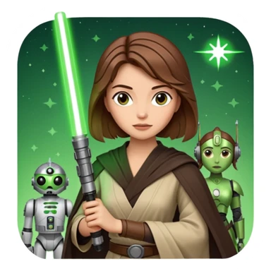 Ios 18 starwars theme ( jedi, robots etc..) brown hair lady with lightaber green or red sticker