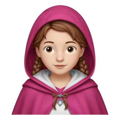a 12 year old girl with fair skin, freckles, and brown hair done in French braids that come down to her breasts. she has a red hooded cape with the hood drawn. she has big, brown eyes and normal eyebrows. she has a pretty white t-shirt under her cloak. she has a warming smile with pale pink lips sticker