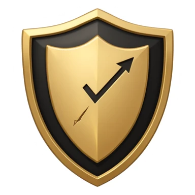 Black and gold emoji of a cracked shield reforming around a checklist with one strong tick, symbolising discipline rebuilt after failure, luxury minimal style, transparent background. sticker