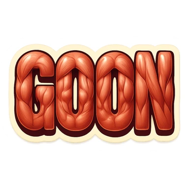 Create multiple variations of the word 'GOON' in a retro sticker style. Each letter should be formed from stylized, detailed human muscles, capturing the texture and color from the provided reference image. The design should have no background, emphasizing the muscle details in a retro sticker aesthetic. sticker