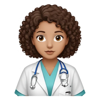 mulher com cabelo cacheado castanho escuro, pele marrom médio, olhos castanhos escuros, usando jaleco hospitalar, sem estetoscópio sticker