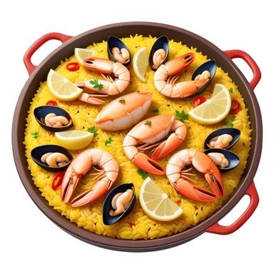 cinematic-realistic-paella-dish-emoji,-depicted-as-a-vibrant,-aromatic-rice-dish-loaded-with-seafood,-chicken,-and-saffron-rendered-with-rich-textures-and-dynamic,-warm-lighting with a lemon slice in the middle sticker
