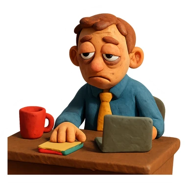 droopy-eyed worker at a desk in claymation style sticker