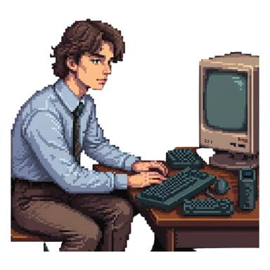 Young man sitting at desk with vintage desktop computer with large CRT monitor sticker