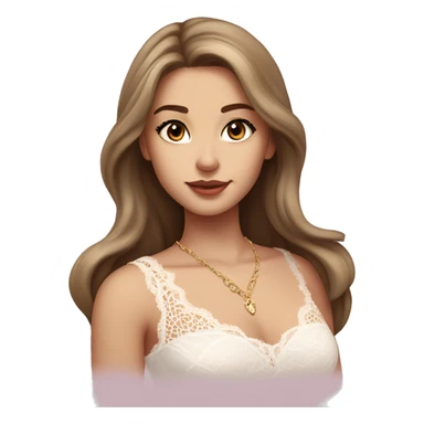 fair-skinned girl with dark brown, slim shaped eyes and long lashes. long, light brown hair styled in a wavy blowout. wearing a delicate white lace tank top and a dainty gold necklace, plump light pink lips. sticker