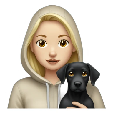 A blonde girl  with blues eyes, with smooth hair and a ray,she has light skin a few freckles, and she wear a hoodies and she Carries in his arms a black baby labrador dog  sticker