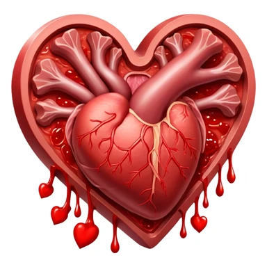 Glowing pieces of red meat and liver floating around a bright red heart and shining blood cells. Red energy streams connect the meats to the blood and heart, showing how heme iron creates vitality and supports circulation throughout the body. sticker