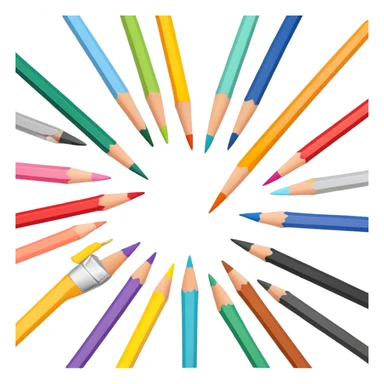 Drawing tools, colored pencils, brushes, pastels, sketching, artistic tools scattered, vibrant colors, clean lines, minimalistic, on a white background, no extra details. sticker