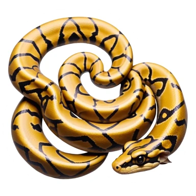 A photo-realistic top-down view of a Ball Python gently coiled into a tight spiral, with its head resting peacefully at the center. Its scales are warm brown with bold, irregular black markings, including the distinctive “alien-head” pattern, flowing smoothly along its body.  sticker