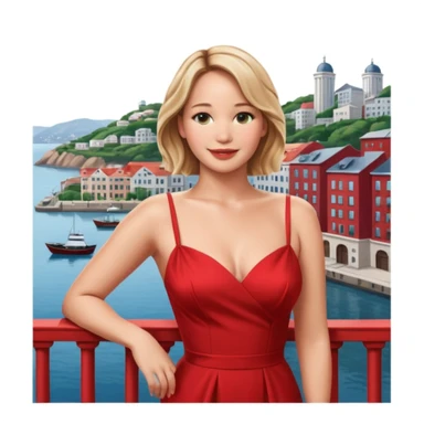 jennifer lawrence, red dress leaning on a balcony with a harbor and cityscape in the background, smiling, closeup sticker