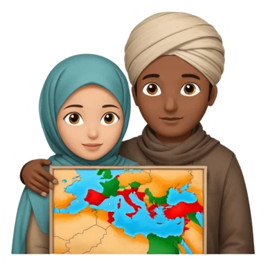 An emotional artistic illustration of an Indian man and an Afghan hijabi girl standing on the maps of India and Afghanistan, symbolically embracing each other  from in front side  despite the distance, showing love beyond borders. sticker