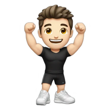 Joyful Celebrating victory Pale skinned Fit Man With the biceps and dark brown hair in black shirt, gray sports shorts and white Sneakers sticker