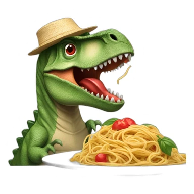 dinosaur with a red straw hat eating a plate of spaghetti with an italy flag planted on it sticker