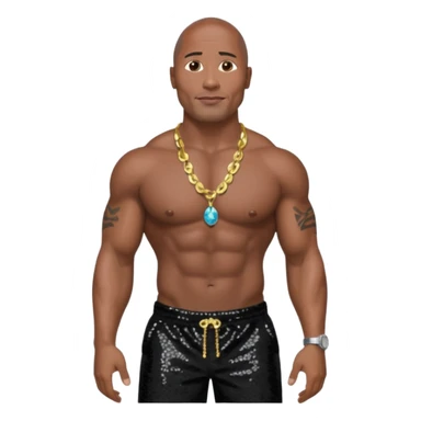 Dwayne Johnson with black sequin baggy pants, shirtless with necklace, dark brown hair sticker
