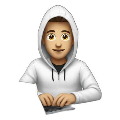 Young white developer with a black hood behind his laptop on a desktop sticker