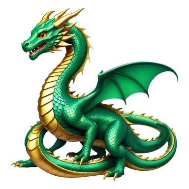 cinematic-noble-dragon-full body-emoji,-poised-and-majestic,-with-a-sinuous,-elongated-build-and-shimmering,-scale-covered-skin-in-hues-of-emerald-and-gold,-piercing,-fiery-eyes,-simplified-yet-sharp-and-sophisticated-features,-highly-detailed, zoomed out showing the serpentine body sticker