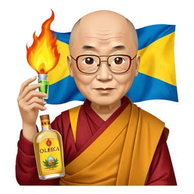 Image of Dalai Lama with a bottle of Olmeca tequila in front of burning Ukrainian flag sticker