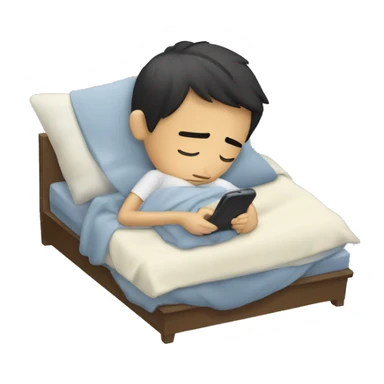 A sleepy Asian boy suffering from jet lag playing with his phone under the blanket. sticker
