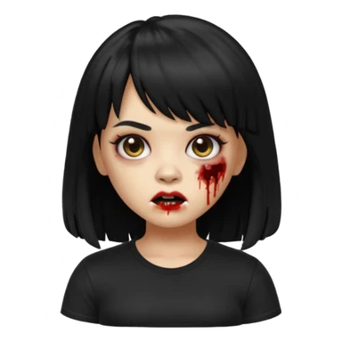 A zombie girl in Apple Memoji format with HUGE, straight black hair with bangs, wearing a black shirt. sticker