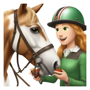 Extremely attractive and feminine white teen girl with green eyes and medium length strawberry blonde hair wearing traditional English riding helmet feeding a treat to a brown and white paint horse sticker