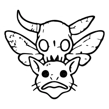 a terrifying minimal red line art of just a head (no body) combining minotaur skull with broken horn, stoat features, frog mouth, with moth wings sprouting directly from the skull, transparent hollow center, distressed appearance with deliberately missing sections, worn texture, sparse red lines only sticker