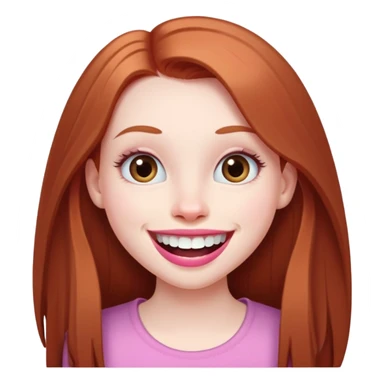 Young girl with pale skin, longer face, full pink lips smiling with big teeth, very long straight auburn hair (lighter ginger, not bright red), big brown eyes, extra large nose, big mouth, slightly asymmetrical features, less conventionally pretty sticker