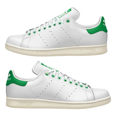 Pair of Adidas Stan Smith sneakers in white and green colorway, one positioned behind the other, both shoes shown from side angle sticker