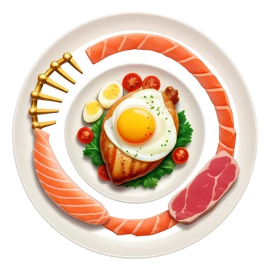 Floating plate with protein foods: large golden chicken breast in the center, smaller salmon fillet, red meat steak, and an egg, all orbiting a DNA double helix, with energy rays connecting to a muscular figure silhouette sticker