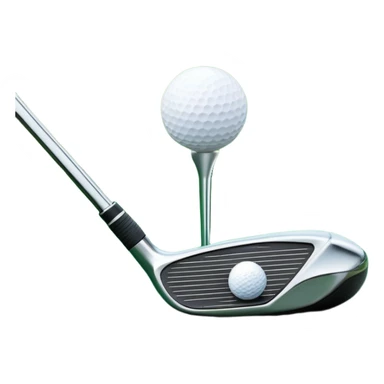 A close-up golf ball on a tee, with a golf club placed beside it, set on a well-manicured green. The background is a peaceful golf course with a clear blue sky, emphasizing the tranquility and skill required for the sport. sticker