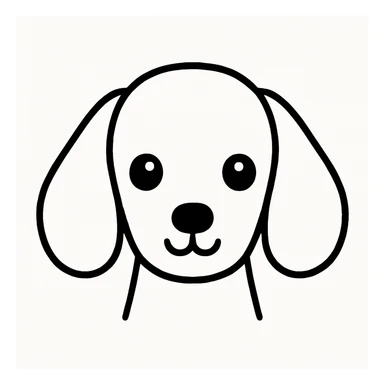 Minimalist kawaii line art of a Dachshund dog's head: long, oval head, long floppy ears, very simple face with two dot eyes, tiny round nose, upside-down 'Y' mouth. Thick, bold, clean black lines on white background, symmetrical, calm and sweet expression. No color or shading, just black linework. Slightly hand-drawn but polished, child-friendly. sticker