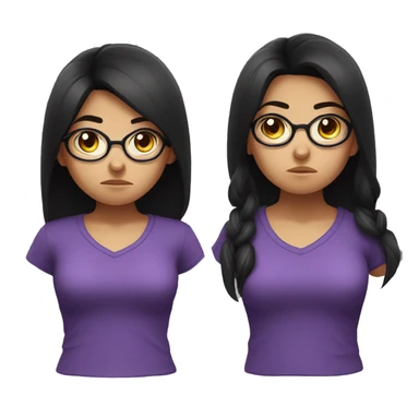 Angry scowling girl, purple shirt, long black hair, brown eyes, wearing glasses, with arms crossed over chest. sticker