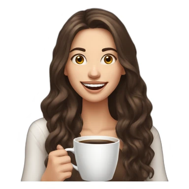 white young brunet woman with long hair with face visible huge smile and eyes wide open holding a huge cup of coffee sticker