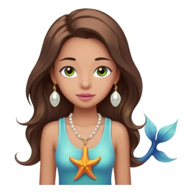 Create a teen girl wearing a light blue tank top. She will have long brunette hair, tan skin, pink lips, and grey-green eyes. She has long eyelashes. She also has light freckles and is wearing a gold charm necklace that has an n on it, a pearl, a sun, a starfish, a mermaid tail, and seashell sticker