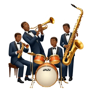 Icon for Jazz Music: The Jazz Messengers, featuring a dynamic composition with Art Blakey on drums and musicians playing saxophone, trumpet, and piano. Musical notes and a warm jazz club atmosphere emphasize the vibrant hard bop style. Transparent background. sticker