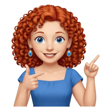 una profesora mayor simpática con el pelo rojo rizado, ojos azules, vestido azul y pendientes azules hablando sonriendo feliz indicando con un dedo sticker