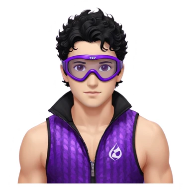 male athlete with white skin and moderately curly black hair on top with shaved sides, wearing ski goggles with purple frames and very dark black lenses, a simple plain black chain necklace, and a completely unzipped sleeveless vest with purple and black sequin fire pattern design with no logo or brand emblem, fully revealing his chest, shoulders and arms, no earrings sticker