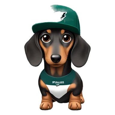 Miniature Dapple Dachshund wearing Philadelphia Eagles Hat with Coco name on Jersey sticker